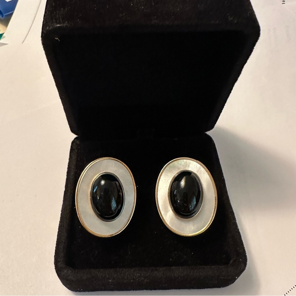 Gold, Mother of Pearl, and Onyx Oval Shaped Earrings by Peter Brams Designs